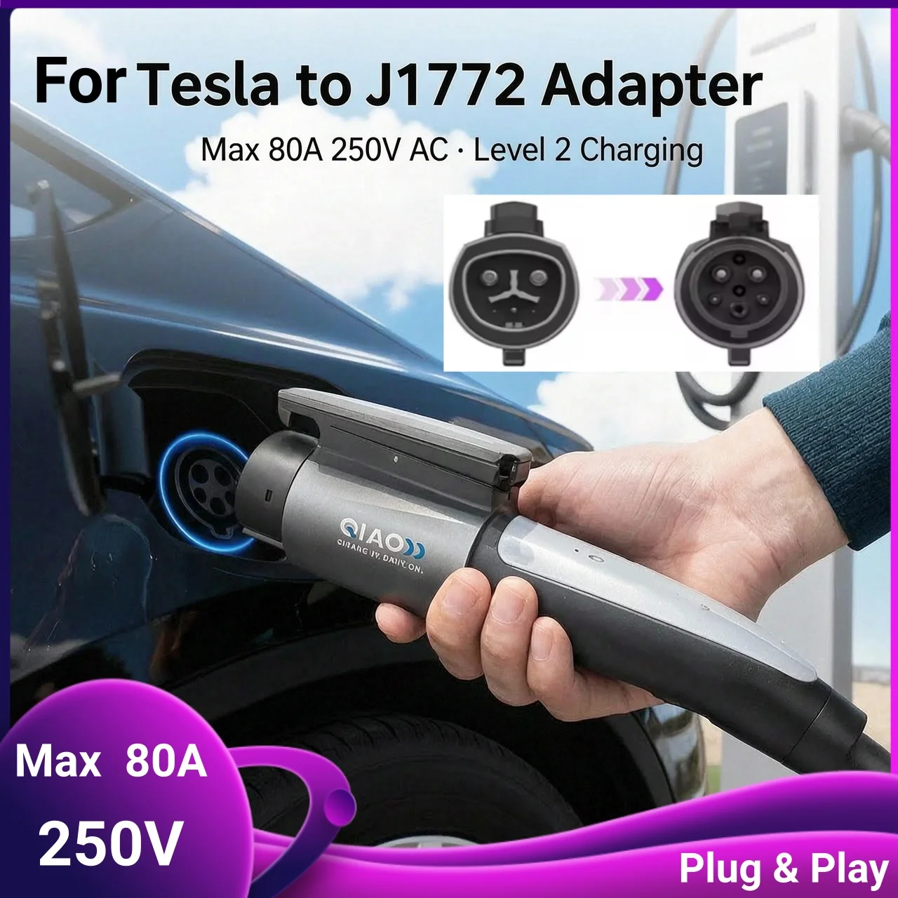 QIAO Elektrofahrzeug-Ladeadapter für Tesla auf Typ1 / J1772 EV-Autoladegerät-Stecker Konvertierungsadapter Max. 80A, 250V