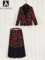 AELESEEN Autumn Winter Sicilian Set Design Fashion Retro Cherry Print Blazer + High Waist Lace Pleated Skirt Elegant 2 Piece Set