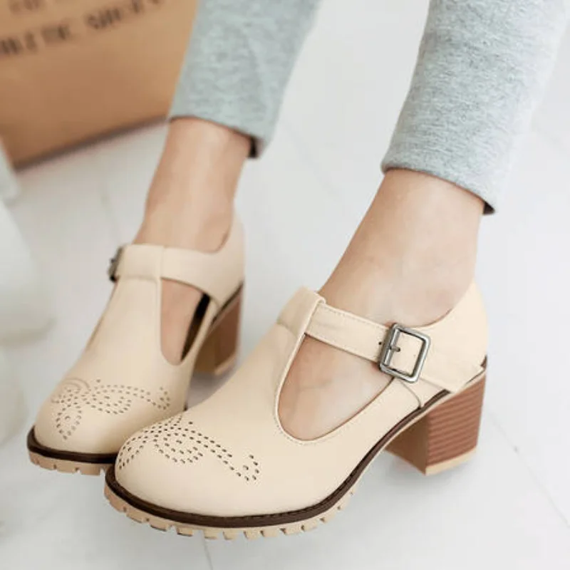 Buckle Strap Platform Pumps Shoes for Women T Strap Cutouts Round Toe Thick Sole High Heeled  Spring Fall Winter Shoes