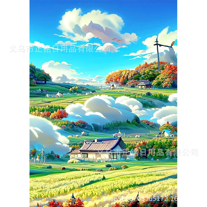 30x40cm With White Frame 5D Full Round Drill Diamond Painting Kit Mediterranean Coastal Town Sea Wave Blue Ocean Mountain Cloud