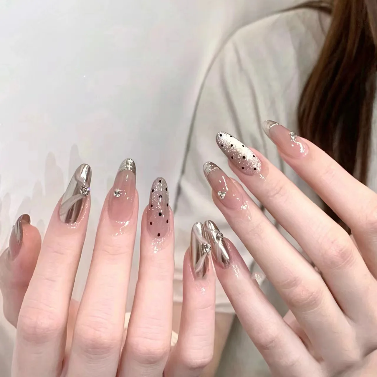 10Pc Long Dot Almond Handmade Press on Nails Mirror French Ballet Fake Nails with Ribbon rhinestone Retro Design False Nail Tips