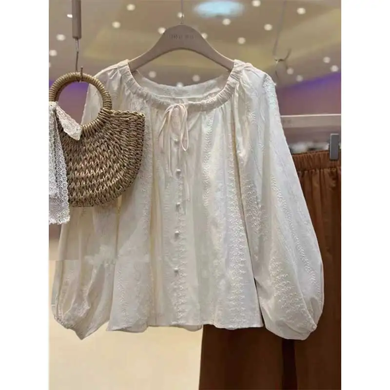 

Женская одежда: модные топы с длинным рукавом в корейском стиле, однотонные, с круглым вырезом, на пуговицах, универсальные, визуально стройнящие, для весны и осени