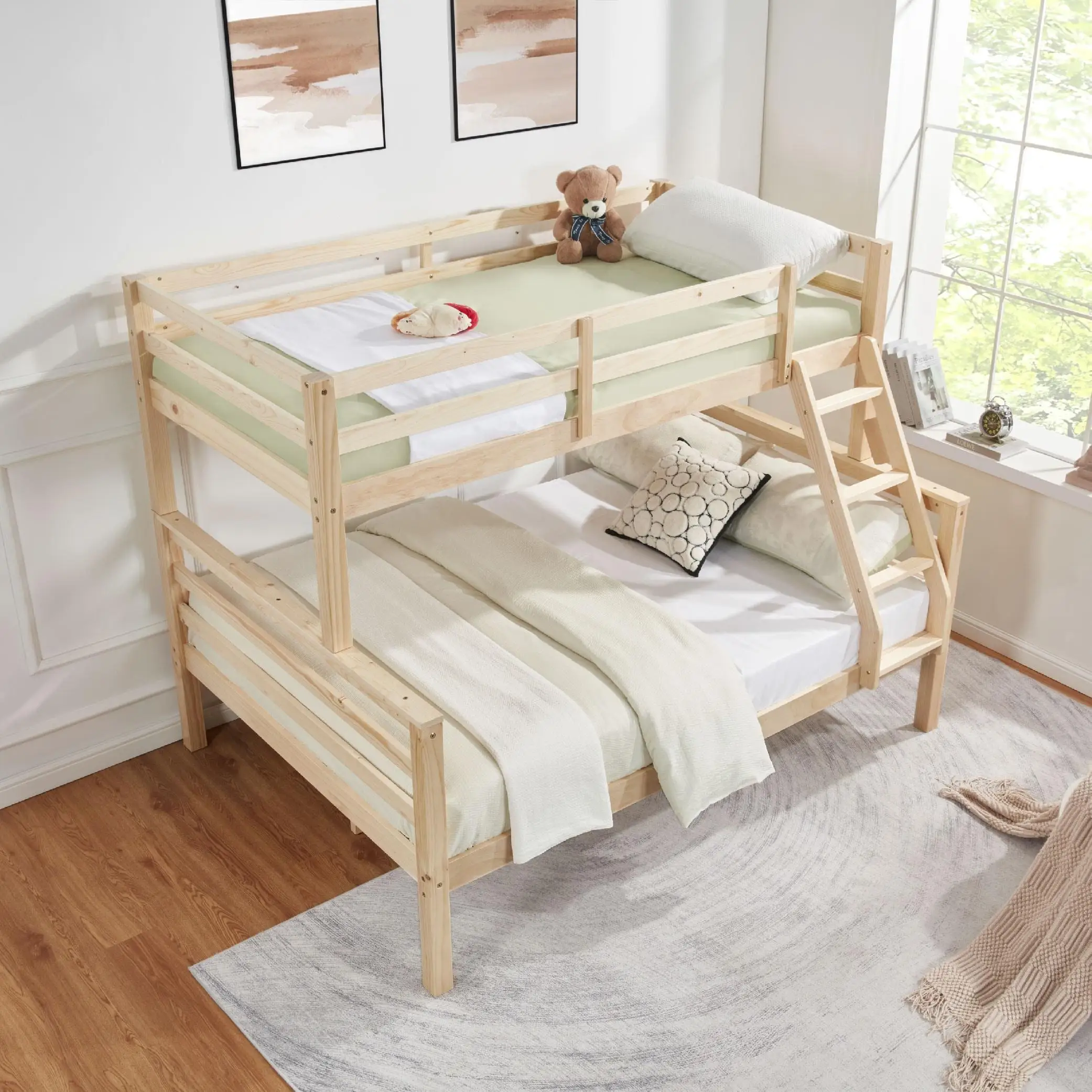 

Двухъярусная кровать Twin Over Full с высоким защитным ограждением, толстыми деревянными стойками и лестницей для детей, подростков, общежитий, без пружинного блока, натуральный цвет