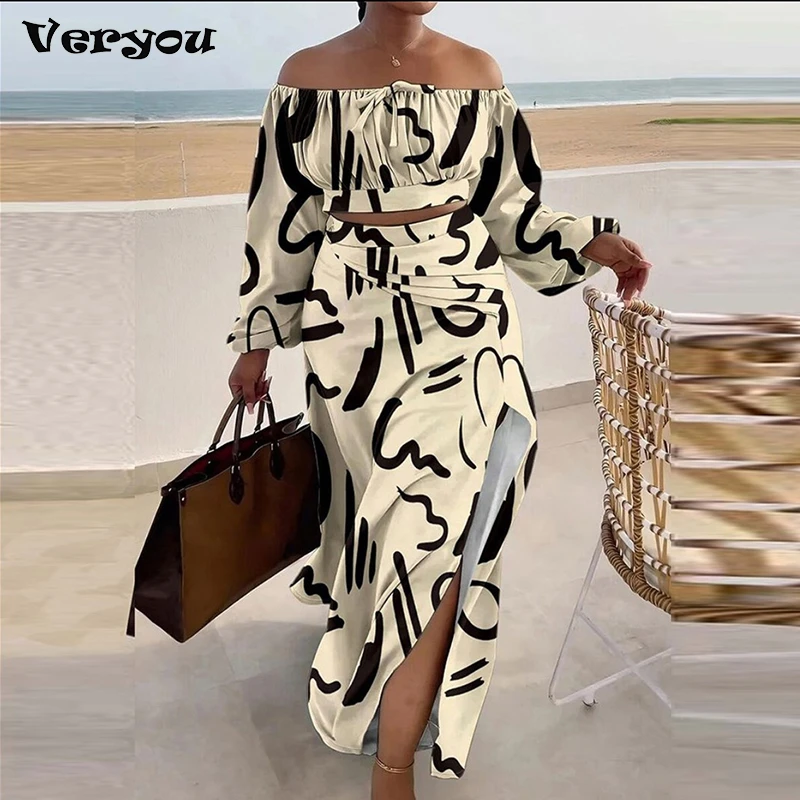 

New 2023 Autumn Sexy 2 Piece Set Women Print One Shoulder Long Sleeve Shirt High Waist Split Up Long Skirt Suit Female Outfits