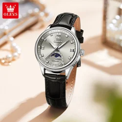 OLEVS 7039 Womens Watch Original Automatic Mechanical Wristwatch Leather Strap Reloj Mujer Waterproof Luminous Moon Phase Watch