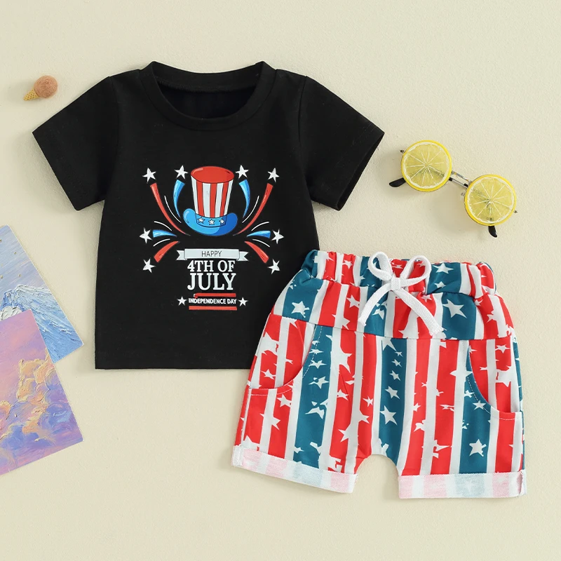 Baby Boy 4th of July Outfits Letter Print Short Sleeve T-Shirt Drawstring Shorts Fourth of July Summer Clothes Set