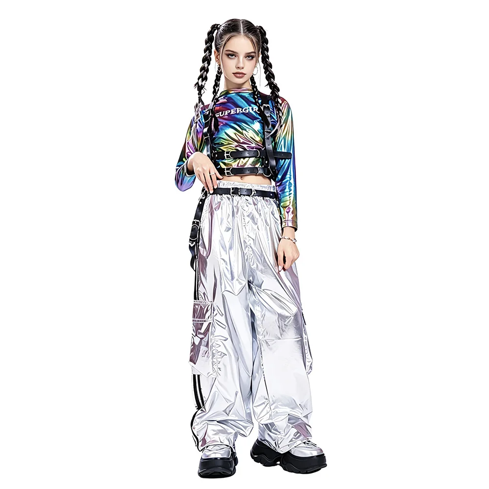 Hip Hop Girls Iridescence Jacket Girls Jazz Jogger Pants Street Dance Mini Clothes Sets Kids Sequin Costumes Child Streetwear