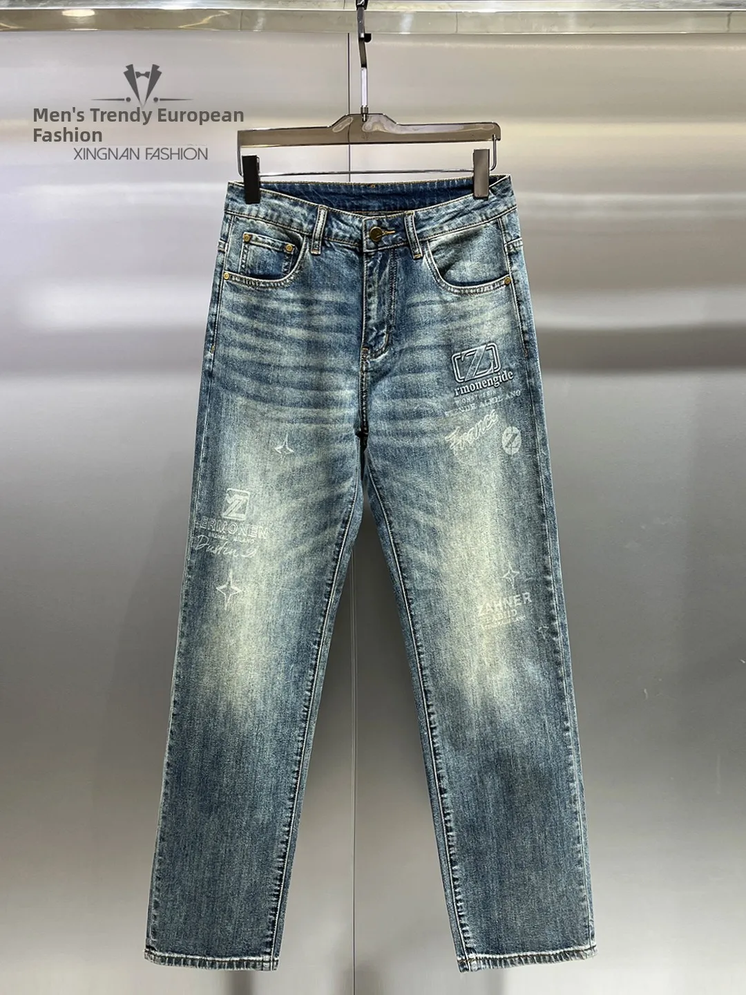 

Trendy Men's Straight Leg Jeans Spring Summer Casual Letter Print Comfortable Loose Long Pants Cotton Polyester Spandex Blend
