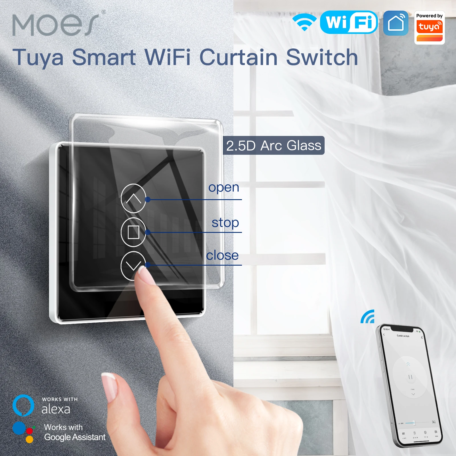 MOES WiFi RF433 Smart 2.5D Arc Glass Touch Curtain Switch for Roller Blinds Shutters Smart Life/Tuya APP Works Alexa Google Home