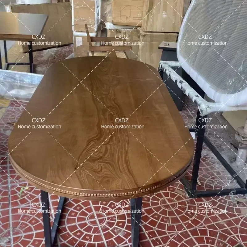 Retro Solid Wood Oval Dining Table Long Desk with Column Base Medieval Style Simple Conference Table for Living Room