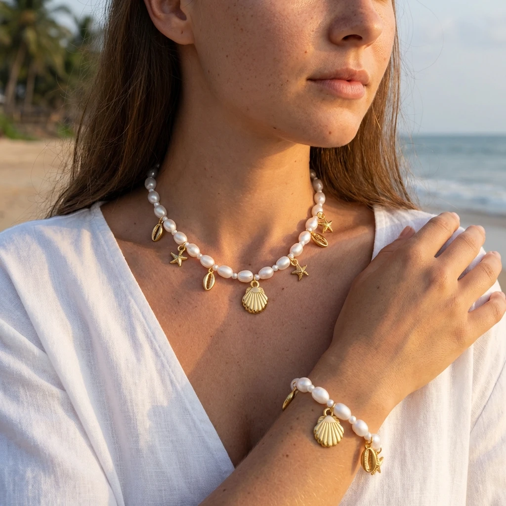Pearl Trim Chain - Set Perhiasan Bohemian Imitasi Mutiara Bintang