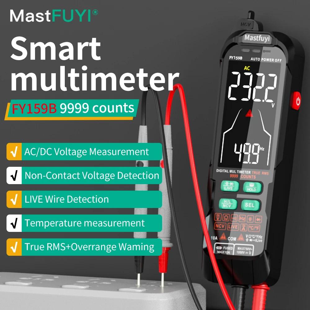 

MASTFUYI Large Screen Digital Multimeter AC DC Voltage Current 9999 Count True RMS Auto Range USB Charge Voltmeter Tester