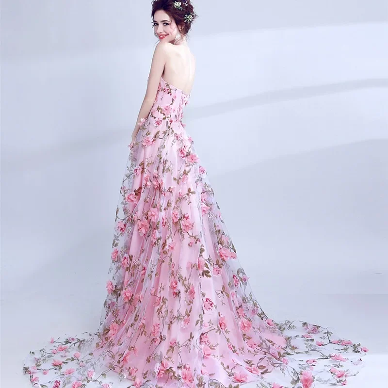 

New Women's Fashion Evening Dress Bean Pink Flower Lace Strapless Performance Dress Bridal Wedding Banquet Evening Dress