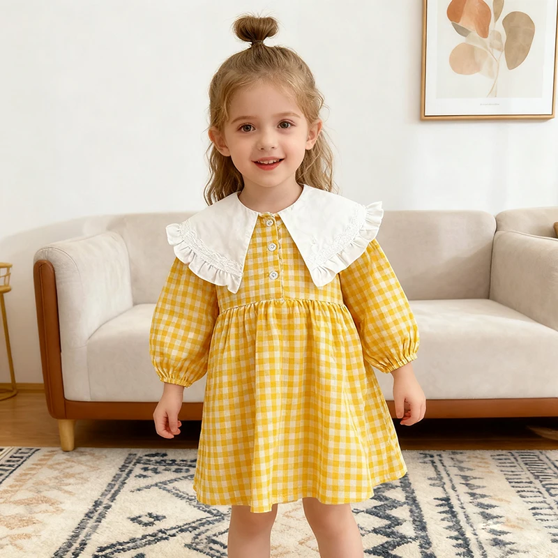 Autumn Baby Clothing Infant Baby Girl Yellow Big Collar Korean Dress Cotton Princess Dress Banquet Party Checked Shift Dress