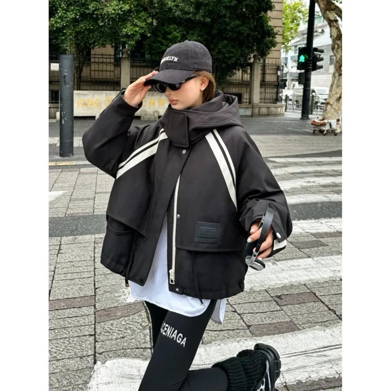Women Winter New Outer Wear Korean Loose Loose Gas Splicing Color Collision Short Section Trend Cotton Elegant Sweet Zipper