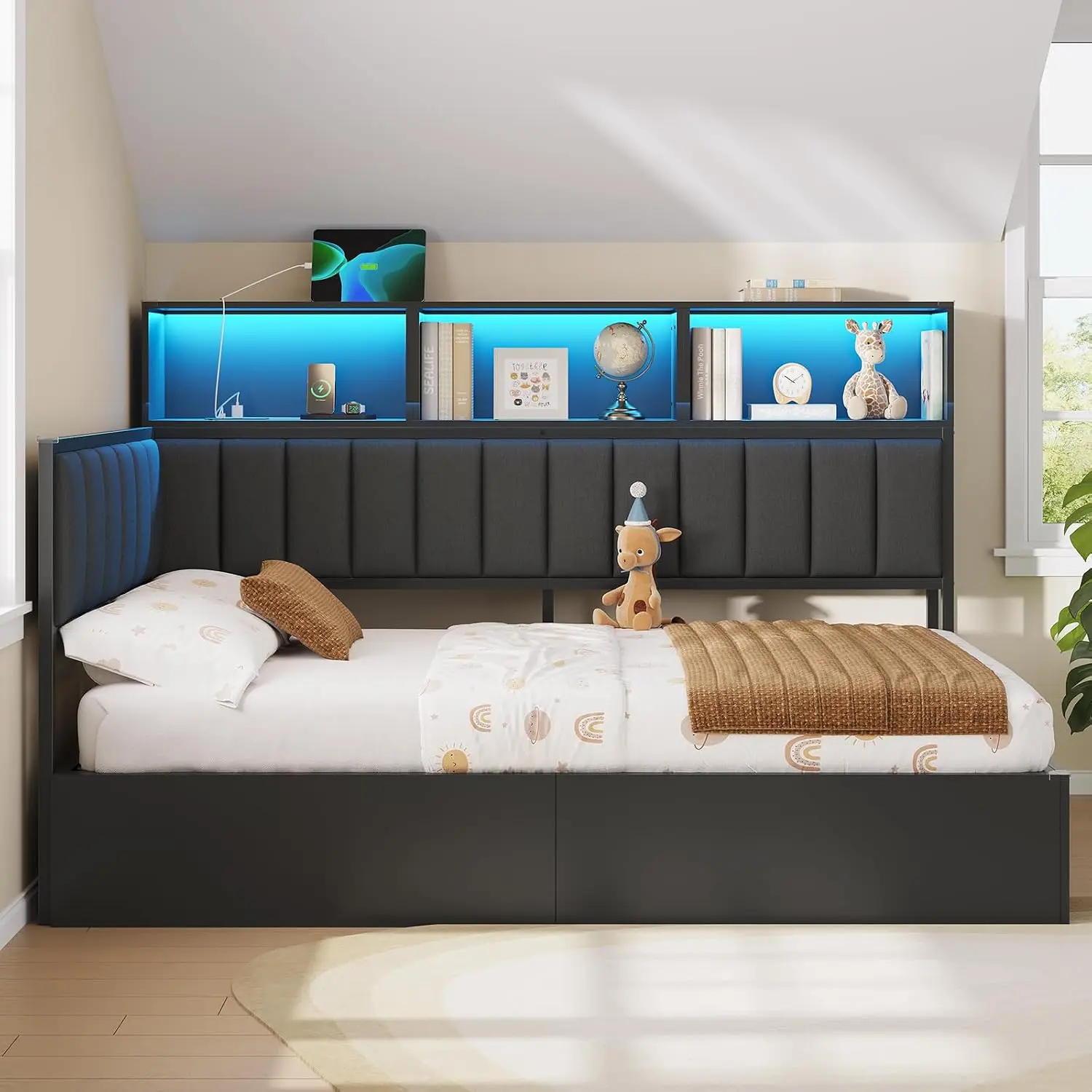 Twin Storage Bed With Charging Station LED Lights Headboard Guardrails Bookcase Hydraulic Lift Black, Customized