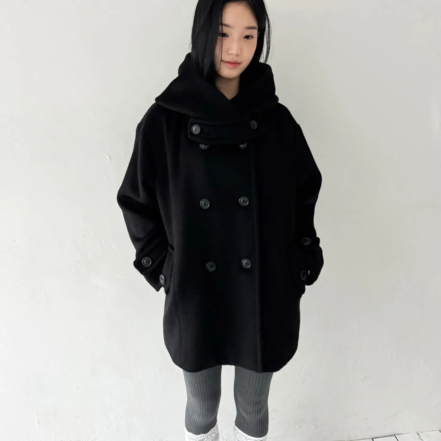 

Chic Korean Sle Woolen Coat Women's Double Breasted Hat Design Age Reducing Small Size Autumn Winter Long Sve Coat