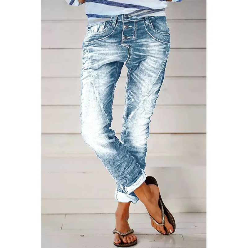 Jeans for Women Drawstring Elastic-waisted Jeans Casual Button Baggy Jeans Women Trousers Straight Women Wide-leg Pants Slouchy