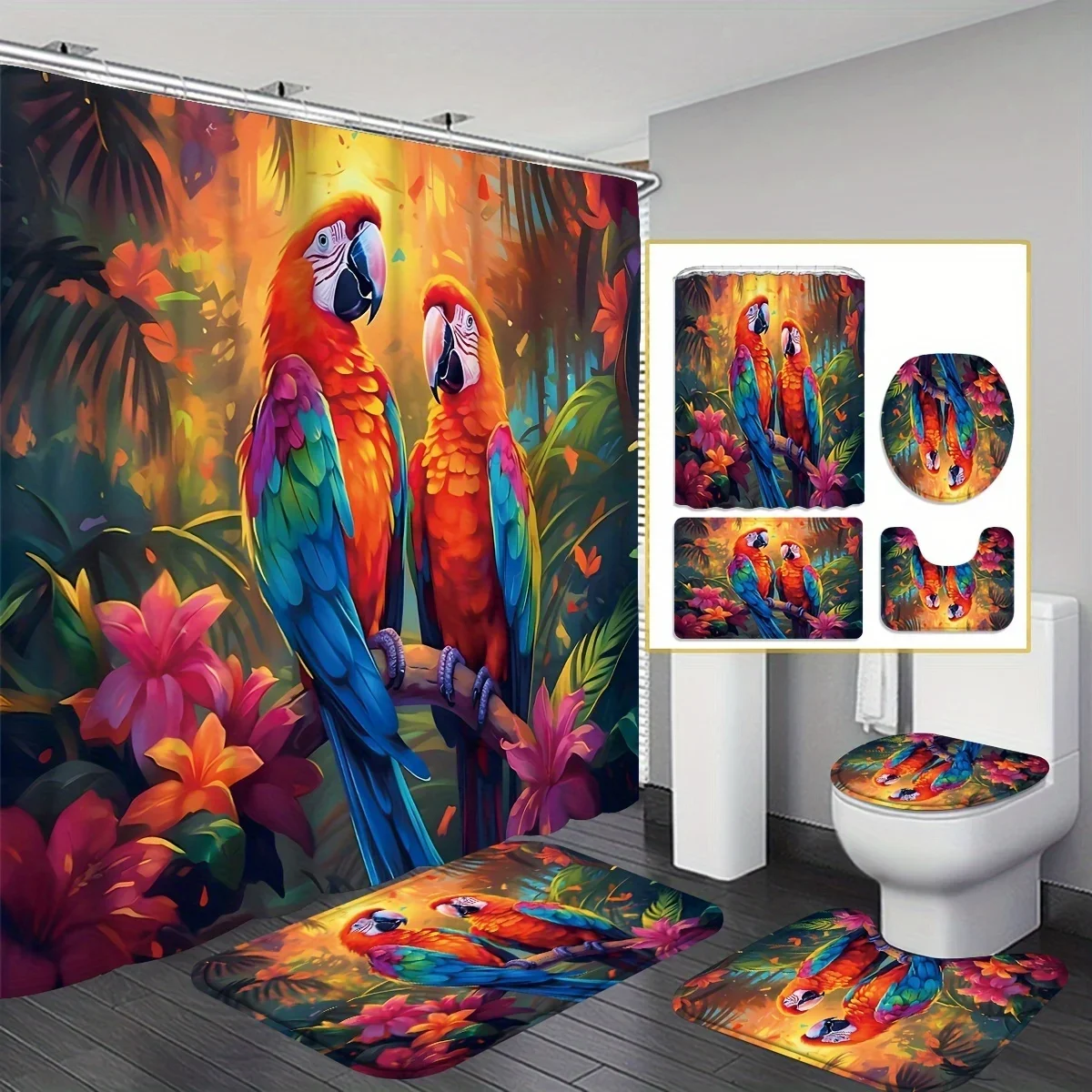 

4pcs Set Of Bird Digital Print Shower Curtain Decoration, Exquisite Housewarming Gift Modern Home Décor, Waterproof Shower Curta