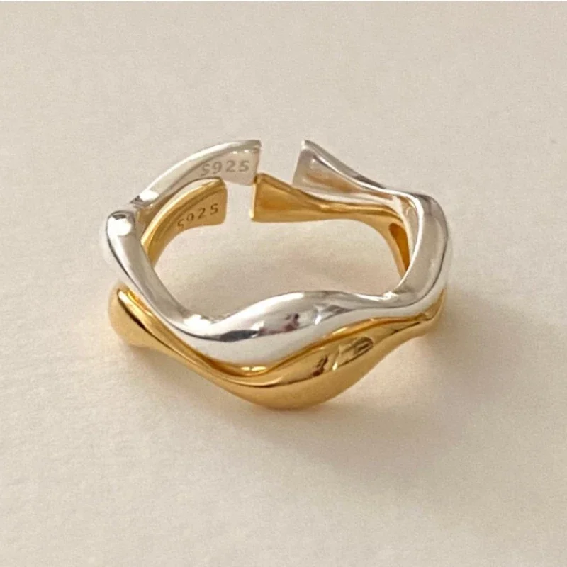 

S925 Sterling Silver Simple Wave Irregular Opening Adjustable Ring Women Friendship Gift Girlfriends Size Fashion Jewelry INS