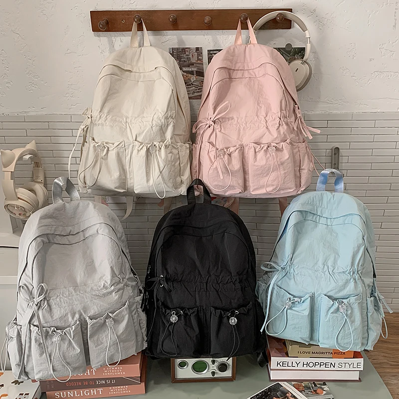 Ransel Kasual Nilon Sederhana Jepang Tas Sekolah Serut Estetika Y2k Antik Ransel Fashion Chic Cocok untuk Siswa