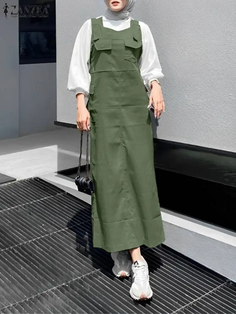 2024 ZANZEA Summer Casual Party Muslim Sundress Fashion Women Spaghetti Strap Solid Cargo Dress Dubai Turkey Abaya Hijab Vestido