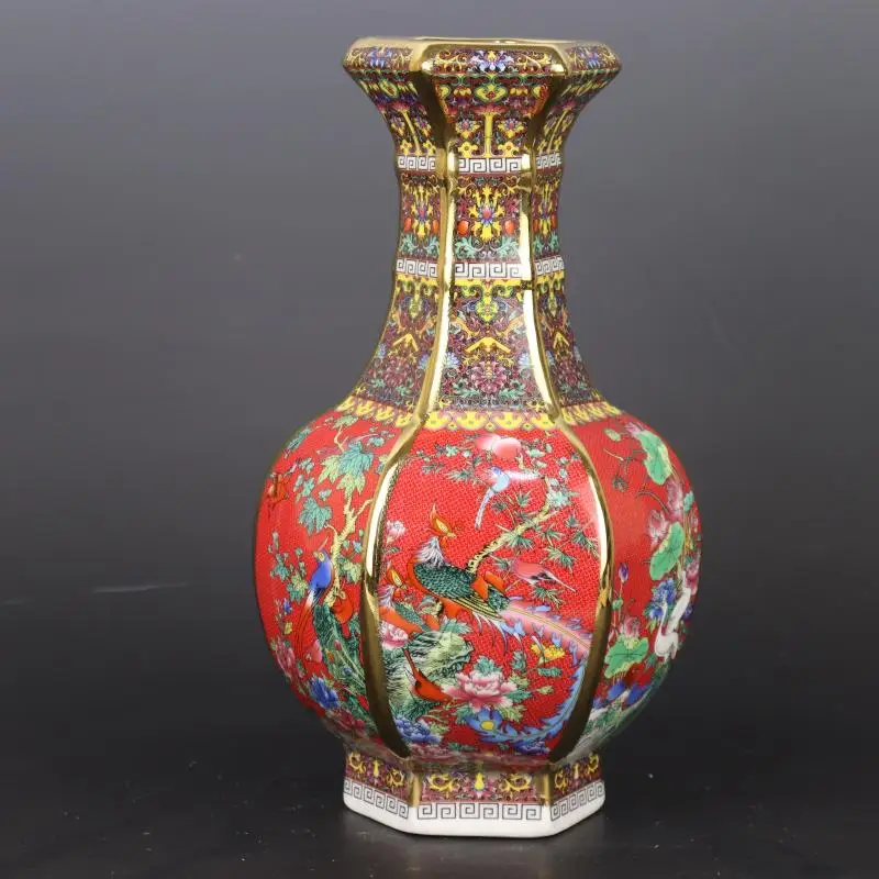 Decorated with gold enamel, colorful flower and bird patterns, red hexagonal vase, Chinese style home decoration, antique porcel