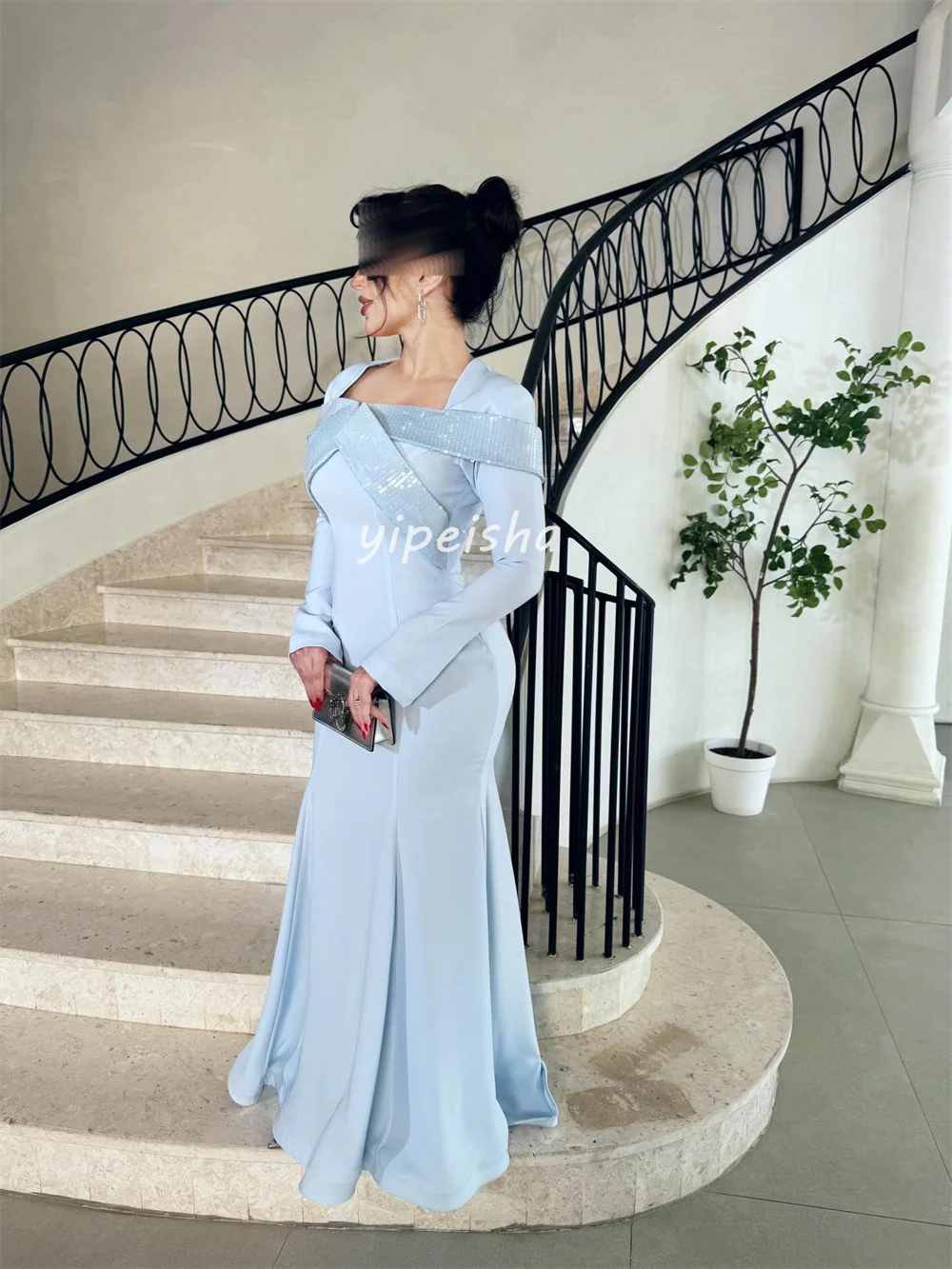Customized Matching Fashion Pleat Ruched Sequined Mermaid Square Neck Long Dresses Evening Dresses Sizes Available High Quality