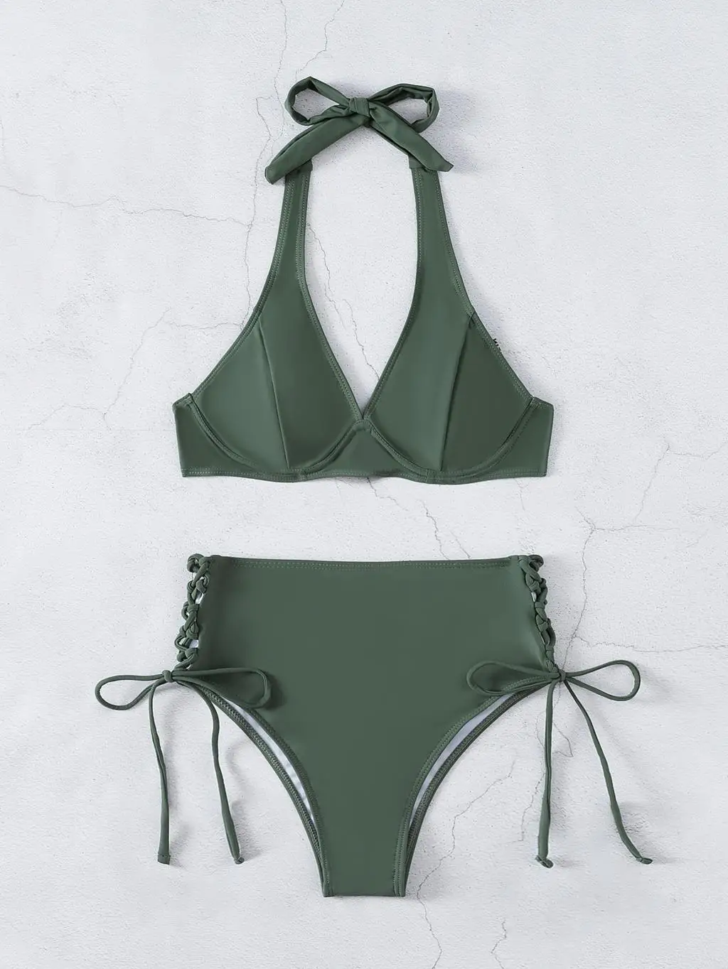 Biquíni Halter cintura alta para mulheres, swimwear push up, maiô verde feminino, moda praia monocromática, roupa de banho 2021