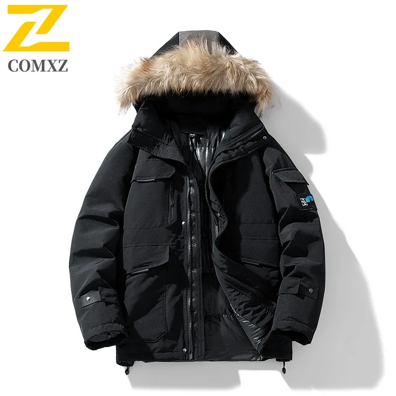 

COMXZ Мужская стеганая куртка Классическая с капюшоном Высокое качество Толстая средней длины Лыжная уличная куртка Снежные теплые свободные зимние куртки