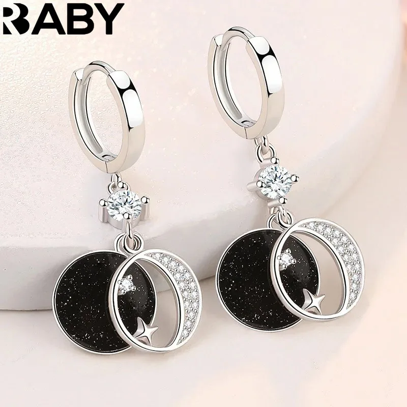 

925 Sterling Silver Fashion Female Earrings Needle Star Moon Inlaid Cubic Zircon Earring Wedding Jewelry Girlfriend Gift Brincos