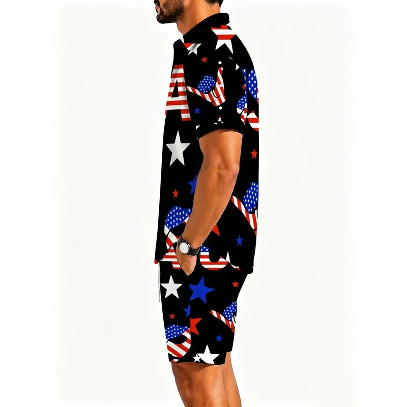 US Flag Printed Men's Short Sleeve Shirt Pants Set Lightweight Polyester Casual Wear Beach Party Outdoor Star Pattern Outfit - view 3