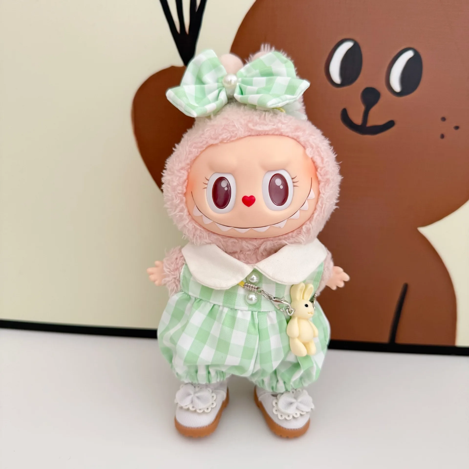 

15/17cm Labubu Clothes Fresh Green-White Plaid Jumpsuit For 1st-3rd Gen With Bow Princess Shoes Accessories For Sweet Outfits