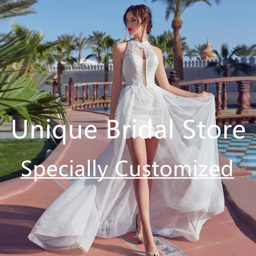 Customized 2023 Boho Modern Wedding Dresses For Women Crew-Neck Sleeveless Hi-Lo Appliques Court Train Vestido De Noiva Custom S