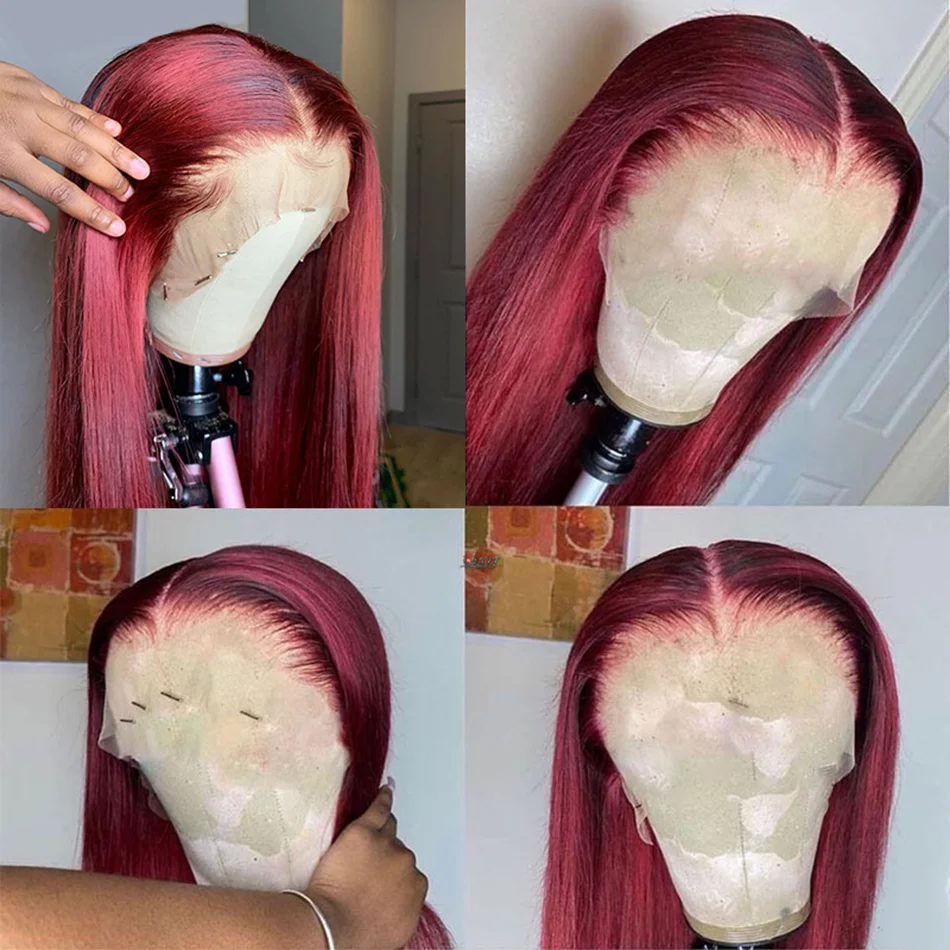 HD peruca dianteira do laço transparente, perucas de cabelo humano, vermelho, Borgonha, colorido, pré arrancado, reto, 13x6, 99J