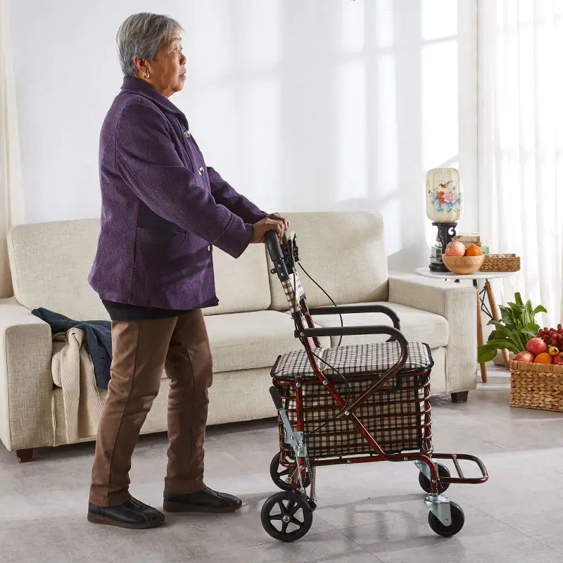 Elderly Scooter with Four Wheels for Grocery Shopping Small Cart for Sitting Pushable and Foldable Shopping Cart