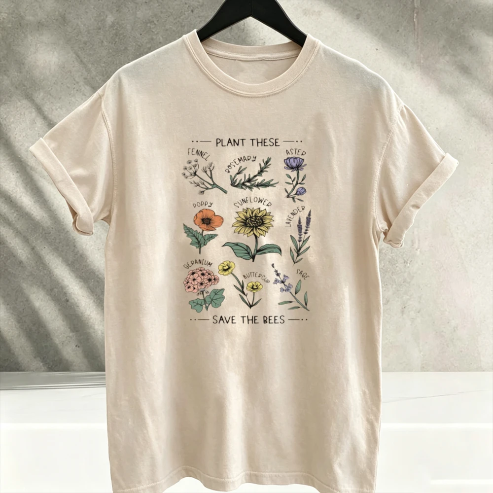 Plant These Save The Bees Wildflower Botanical Graphic T‑Shirt Men Retro Floral Chart Environment Protection Print Casual Tops