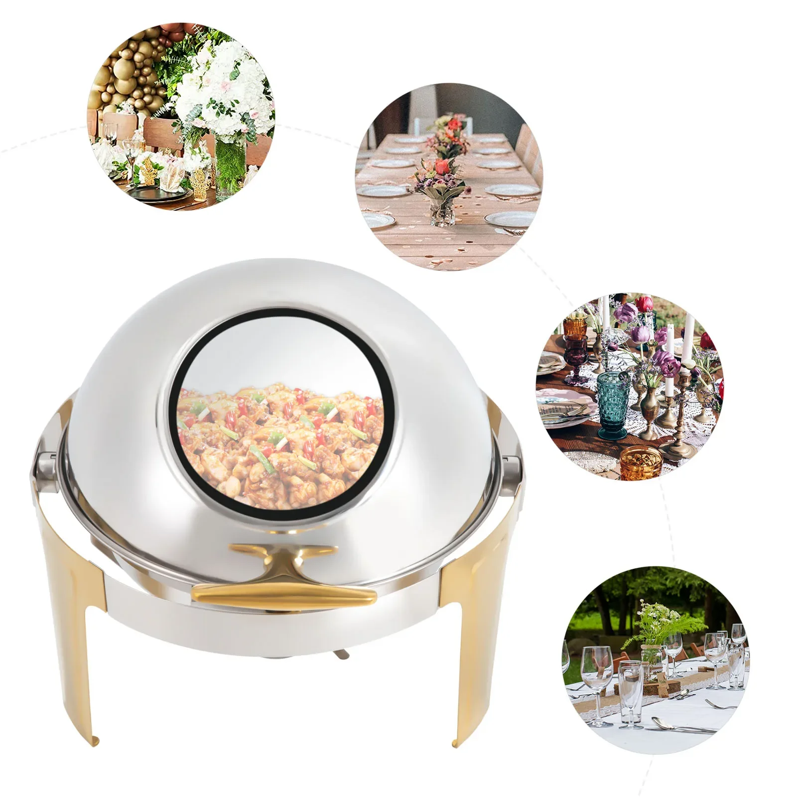 

Chafing Dish with 6.3qt Capacity, Stainless Steel and Glass, Roll Top Lid with 90/180 Degree Opening, Stable Tripod for Events