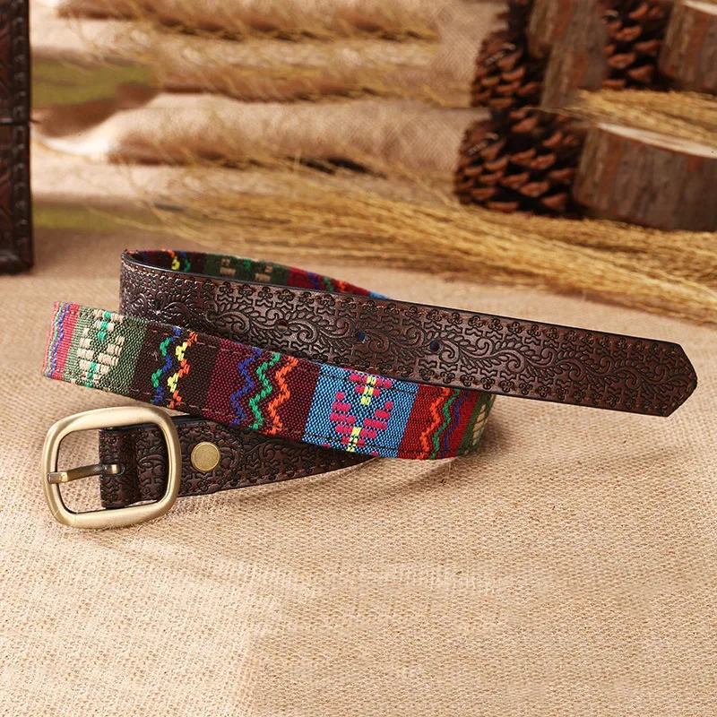 Fashion National Style Belt for Women Colorful Embroidered PU Leather Vintage Accessories Belt Ladies