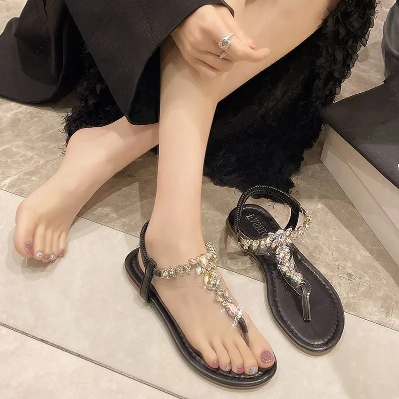

2026 Summer Women Flat Sandals Sparkly Crystal Toe Post Bohemian Beach Shoes Matching Dresses Comfortable