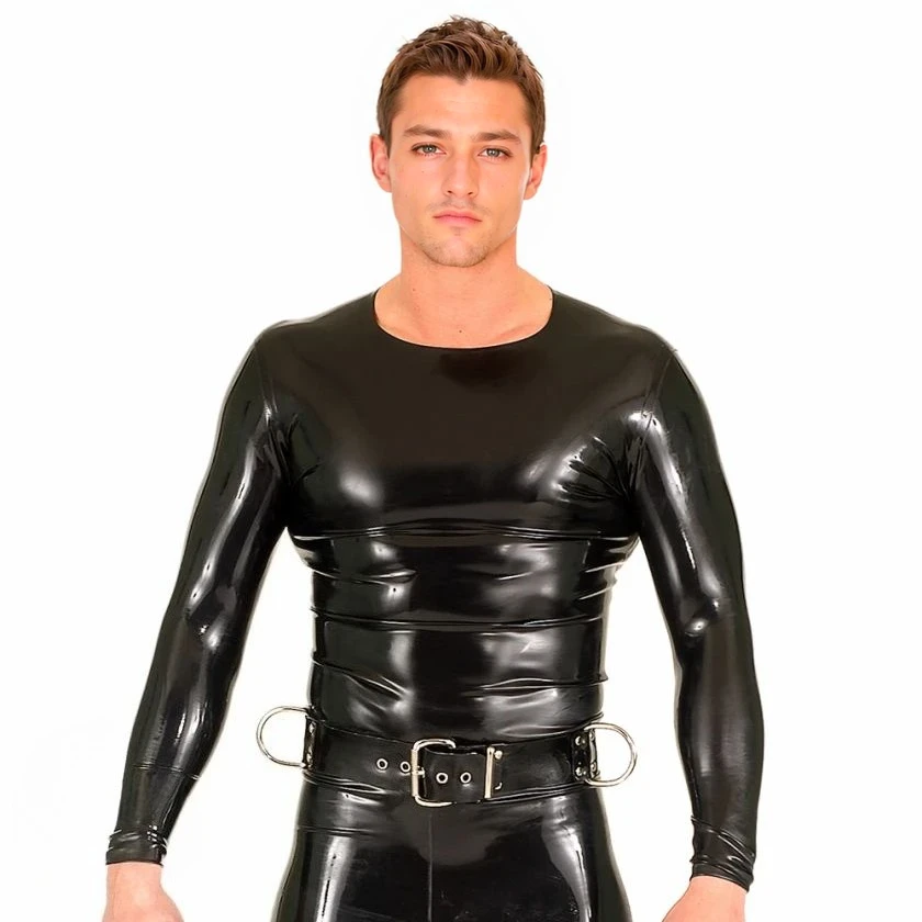 

customized latex top men's black latex long-sleeve top with metal ring belt rubber material handmade rubber costume clubwear