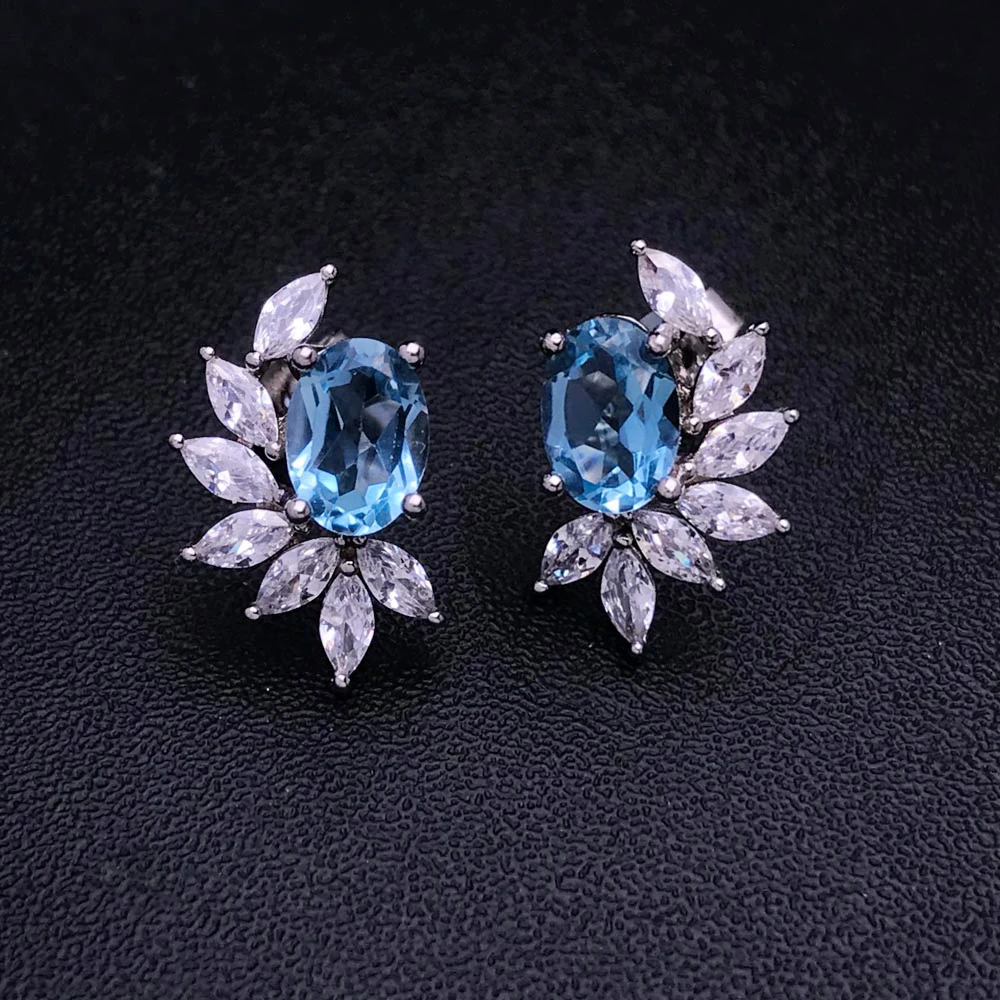 Trendy Natural Swiss Blue Topaz Stud Earring Sterling 925 Silver Gemstone 5*7mm for Women Party Birthday Jewelry Gift