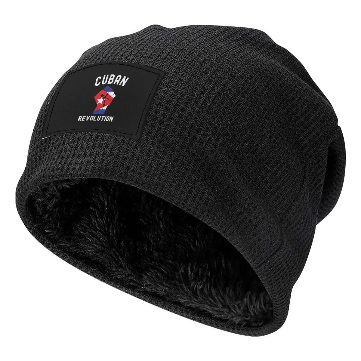 Cuban Revolution Cuba Flag Design Vintage Waffle Knit Fleece Lined Beanie with PU Leather Patch Unisex Warm Winter Soft Cap