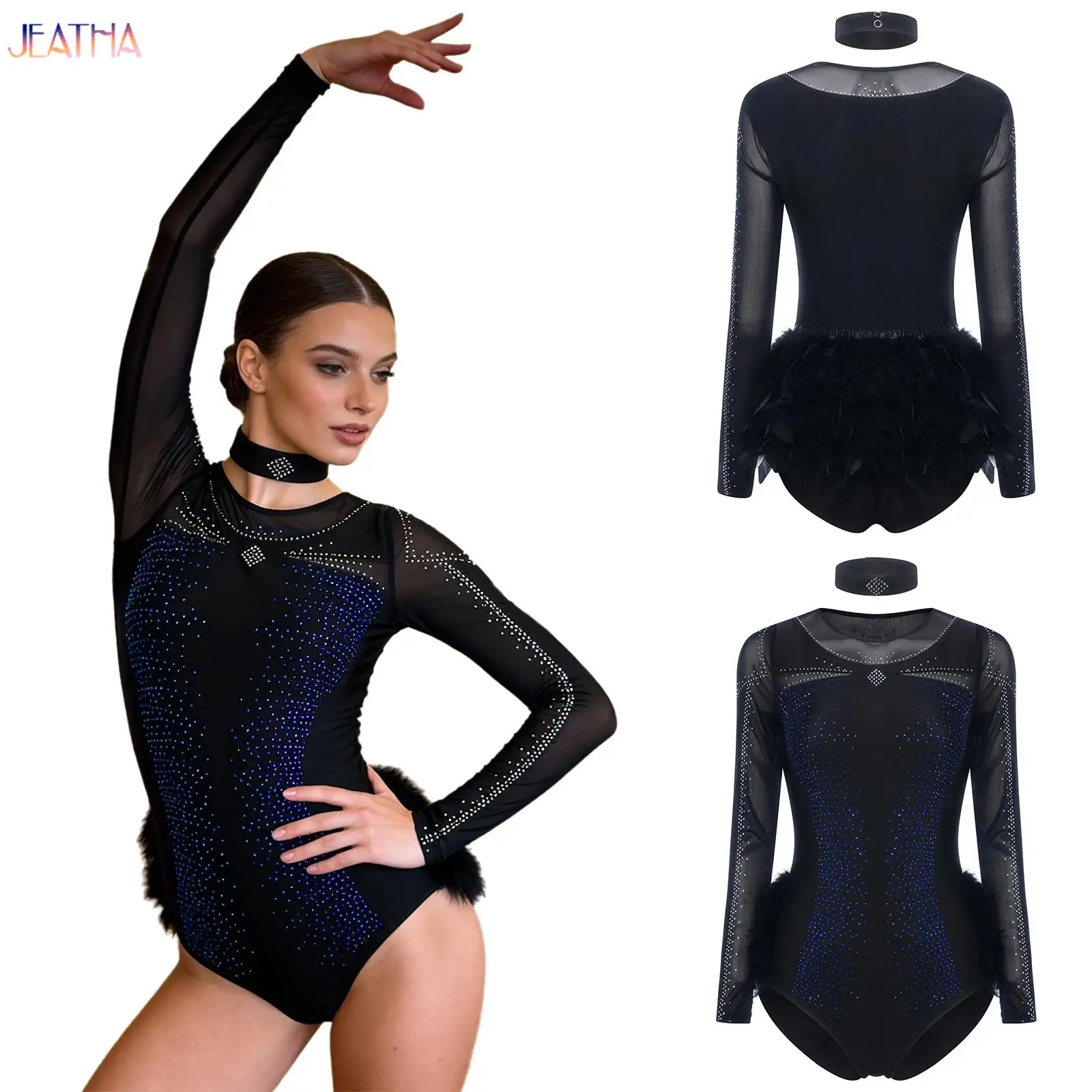 

Womens Ballet Gymnastics Leotard Long Sleeve Fuzzy Feather Bodysuit Glittery Rhinestone Unitard with Collar for Figure Skating