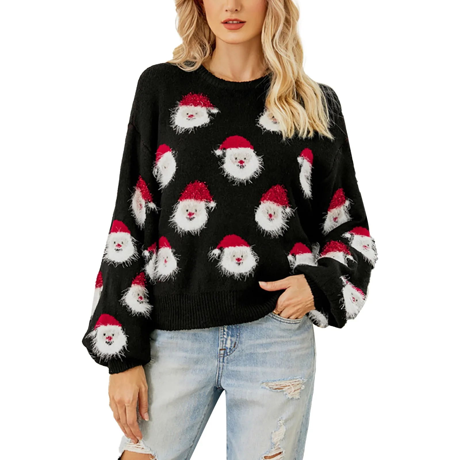 Leisure Trendy Thermal Female Knitwear Women\'s Christmas Knitted Sweater Cute Santa Head Pattern Round Neck Ladies Pullovers