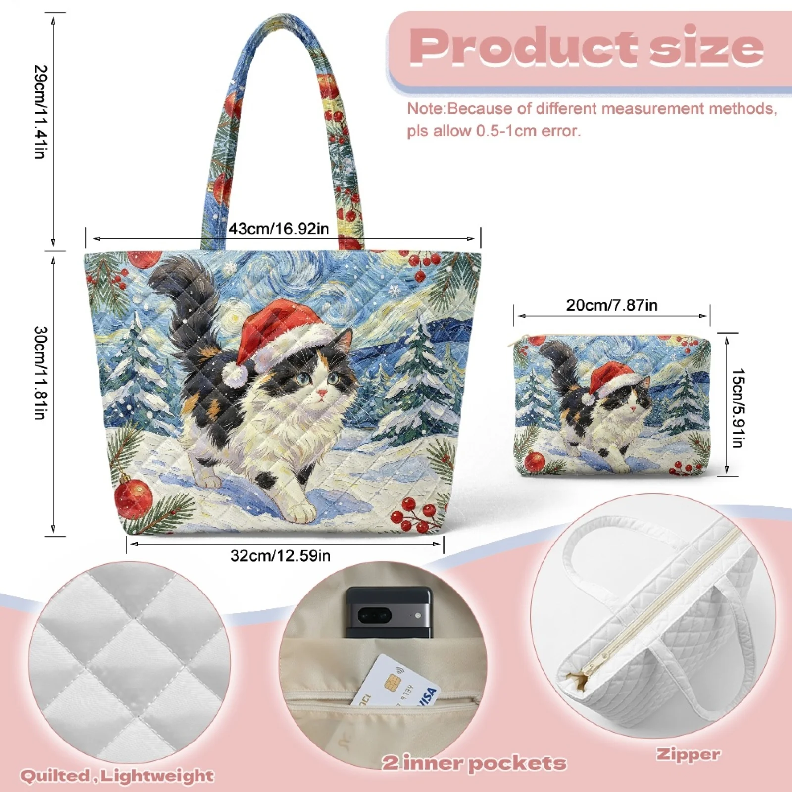 Coloranimal Christmas Cat Print Set 2 Piece Quilted Purses and Handbags Waterproof Purses and Handbags Set for Activities