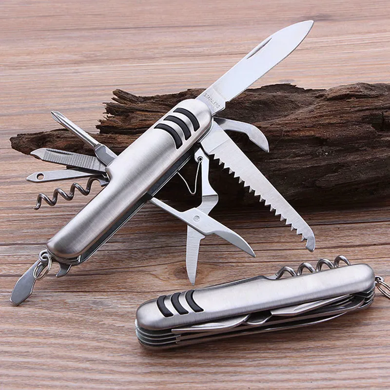 11 in 1 Fold Pocket knife Stainless Steel Carry Around Multifunction Outdoor Emergency Tools Portable Bottle Opener Cork Drill