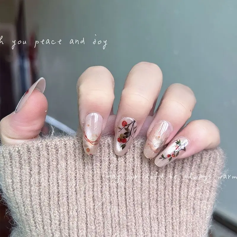 

10pcs Almond Press On Nails Chinese Style Berry Branch Design Reusable Fake Nails Vintage Nude Shimmer Cat Eye Women False Nails