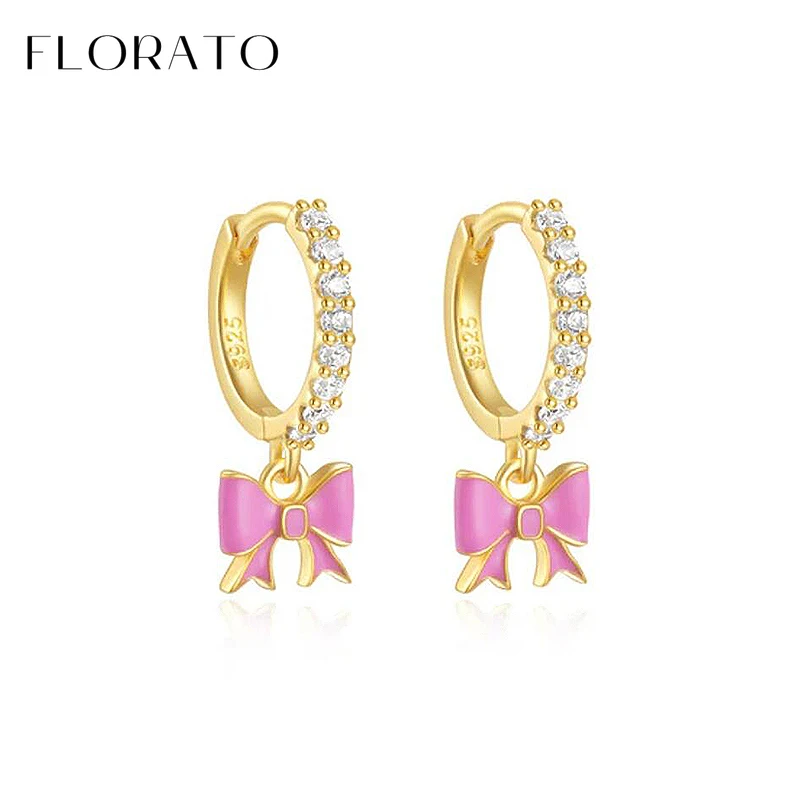 FLORATO 925 Sterling Silver Ear Needle Pink Bow Glue Pendant Hoop Earrings For Women Fashion Party Jewelry Cute Girls Gifts