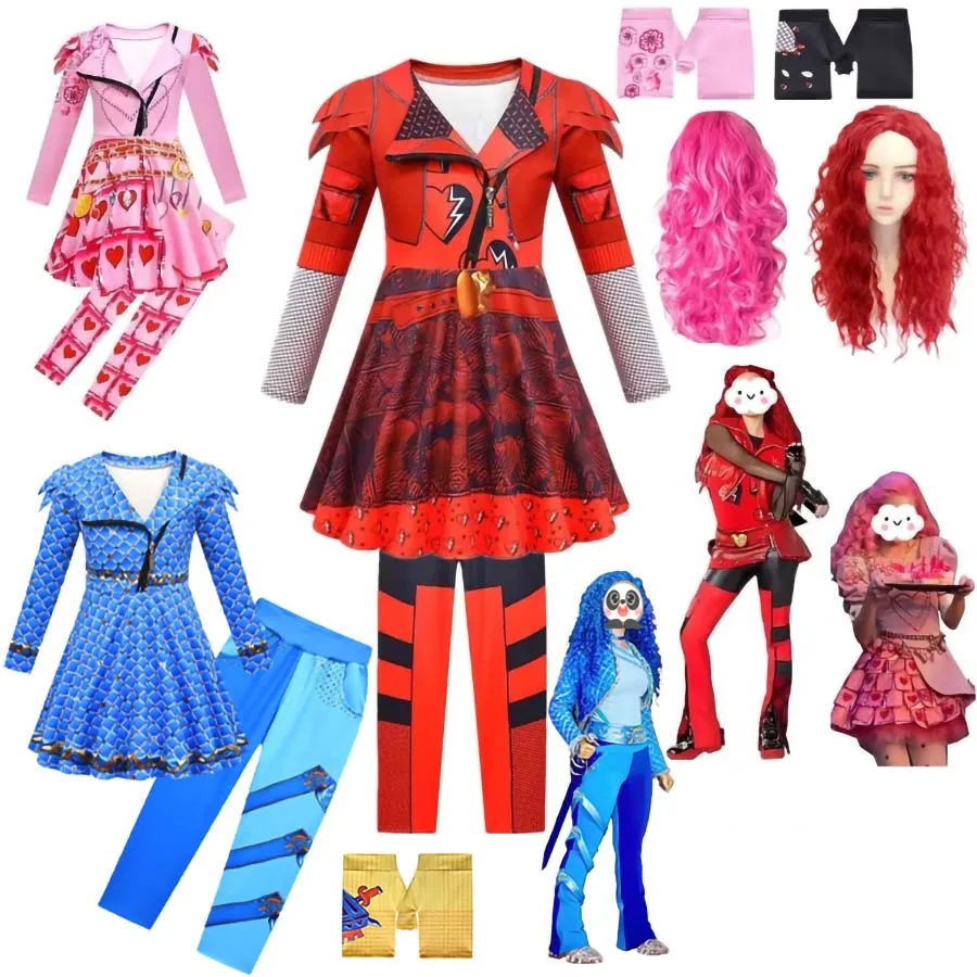 

D-Descendants Red Costume for Kids Rise of Red Girls Red Bridget Cosplay Costume Wig Children Fantasia Halloween Party Clothes